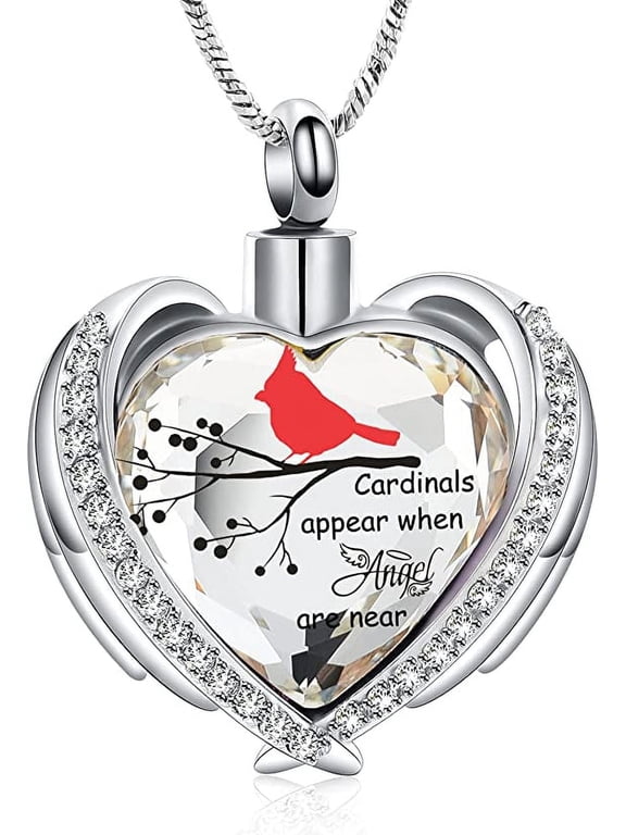 Red Cardinal Heart Shape Urn Necklace for Ashes Stainless Steel Cremation Jewelry With Crystal W/ Funnel Filler Memorial Jewelry Gifts for Women