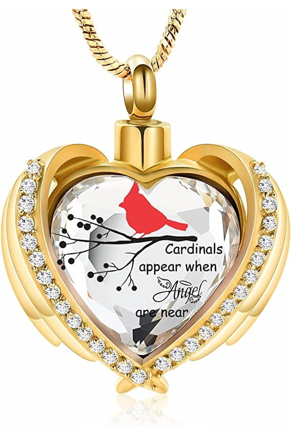 Red Cardinal Heart Shape Urn Necklace for Ashes Stainless Steel Cremation Jewelry With Crystal Wing W/ Funnel Filler Memorial Jewelry for Women
