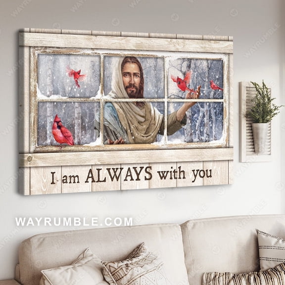 Red Cardinal Jesus Christ Wooden Window I Am Always With You Heaven Landscape Poster Prints Wall Art POSTER