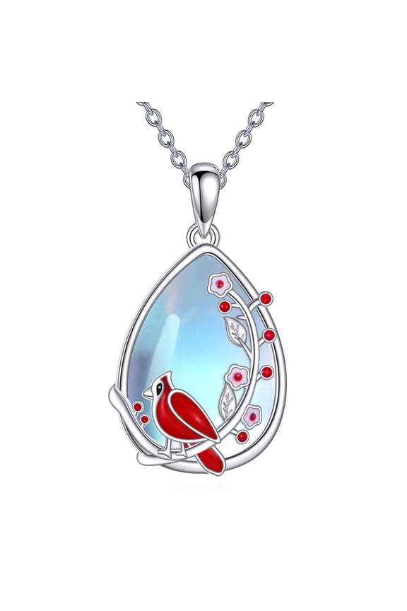 Red Cardinal Necklace Sterling Silver Moonstone Pendant Bird Jewelry Gifts for Women Men