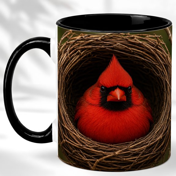 Red Cardinal Nest Coffee Mug, Rustic Bird Mug, Ceramic 11 oz