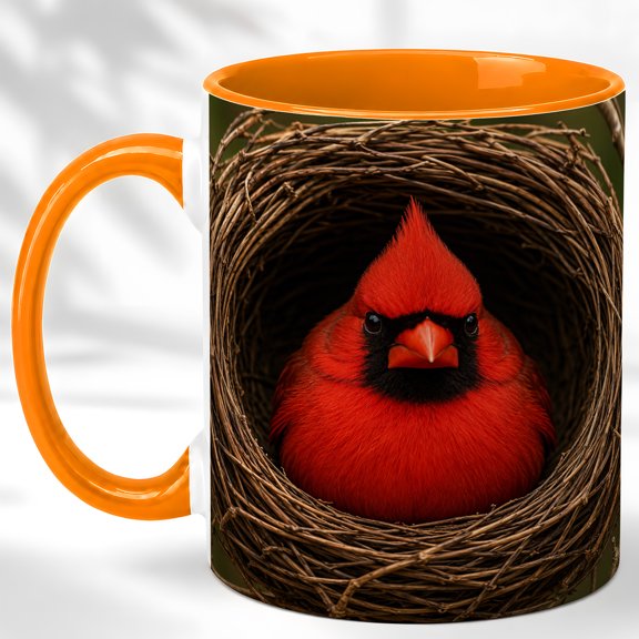 Red Cardinal Nest Coffee Mug, Rustic Bird Mug, Ceramic 11 oz