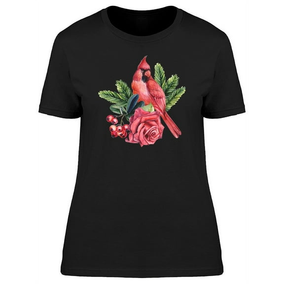 Red Cardinal On Big Rose T-Shirt Women -Image by Shutterstock, Female Medium