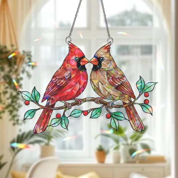 Red Cardinal Pair Iridescent Acrylic Suncatcher Hologram Prism Window Hanging Home Decor Memorial Gift Rainbow Maker