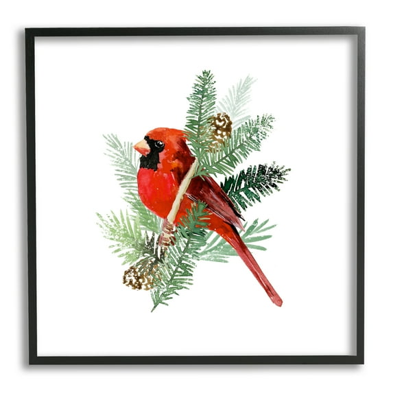 Red Cardinal Pine Branch Minimal Bird Portrait Animals & Insects Framed Art Print Wall Art, 17x17