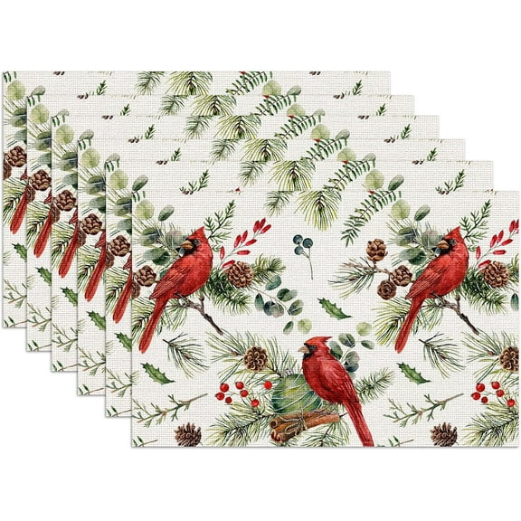 Red Cardinal Placemats Set of 6, Christmas Berry Bird Linen Place Mat Washable Stain Resistant Table Mats for Farmhouse Kitchen Dining Party Wedding Decor 12x18 Inch