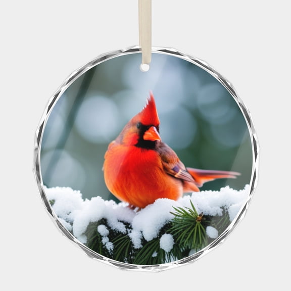 Red Cardinal in the Snow Birds Ornaments Premium Crystal Glass Christmas Ornament, 3 Flat Round Beveled-Edge Disc (0.23 Thick) with Printed Image, Xmas Holiday Tree Gift
