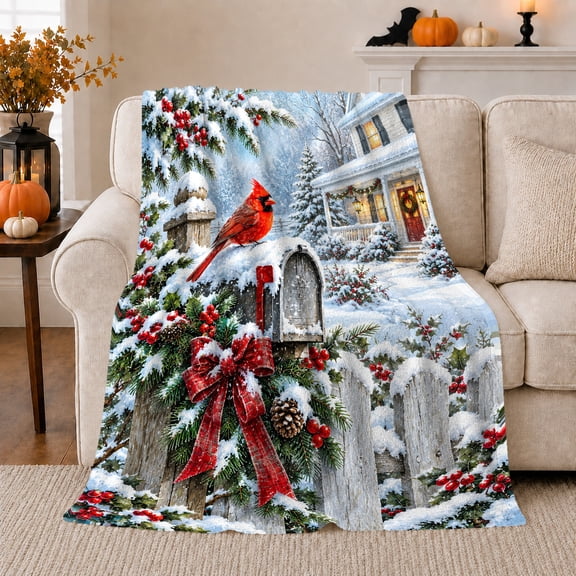Red Cardinal Snowy Mailbox Christmas Winter Scene, Festive Holiday Scene, Warm Flannel Blanket for Living Room and Reading Nook, Art Lovers Christmas Gift, Festive Home Decor