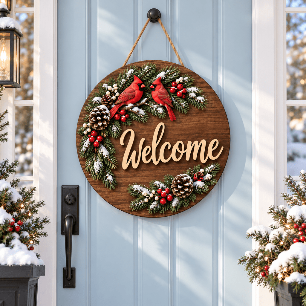 Red Cardinal Snowy Pinecones Wooden Door Sign for Winter Entryway ...
