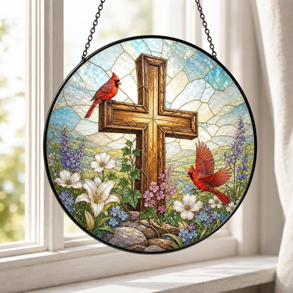 Red Cardinal Stained Glass Cross Suncatcher Window Hanging Decor