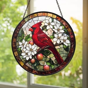 Red Cardinal Stained Glass Suncatcher: Bird Window Hanging, 3.5 in