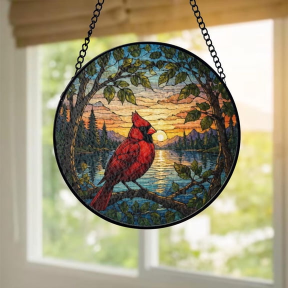 Red Cardinal Stained Glass Suncatcher, Sunset Lake Forest Round Window Hanging, Bird Lover Memorial Gift, Nature Boho Home Decor