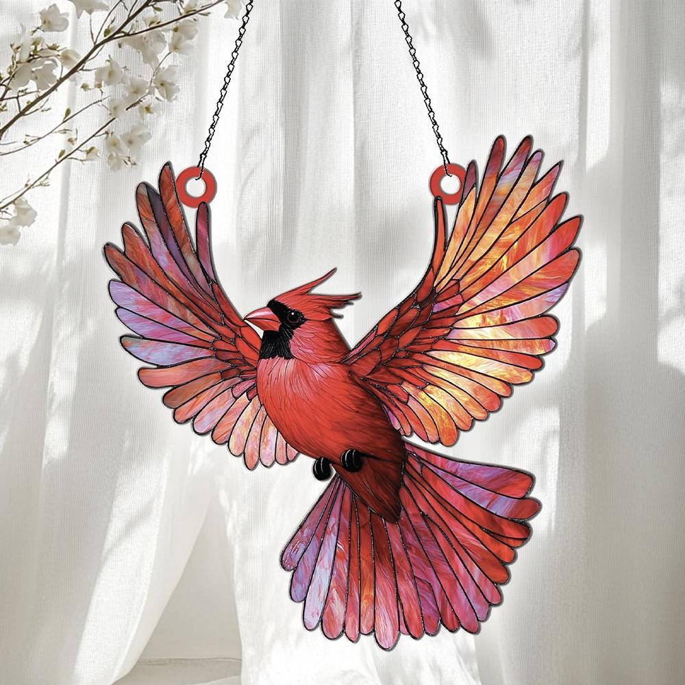 Red Cardinal Buntglas-Sonnenfänger – Handgefertigter Fensterbehang Als Geschenk Für Mama & Liebhaber