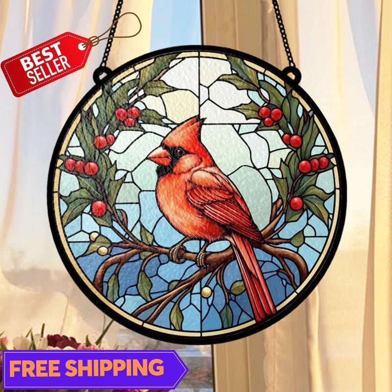 Red Cardinal Suncatcher, Glass-Effect Round Winter Holly Window Panel ...