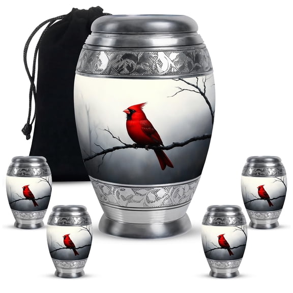 Red Cardinal Urn Ashes, Decorative Keepsake Urn Cremation Ash Container, Memorial Gift for Male & Female, Handcrafted, White, Combo (10 Inch Urn & 3 Inch Mini Keepsake Set of 4)
