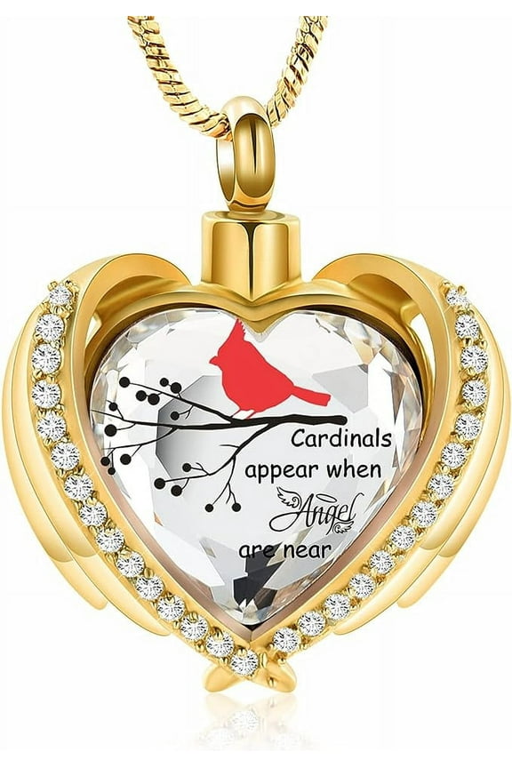 Red Cardinal Urn Ashes Necklace for Women Men Angel Wing Crystal Heart Urn Locket for Ashes Keepsake Memorial Cremation Jewelry