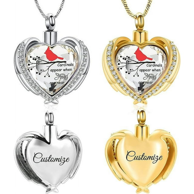 Red Cardinal Urn Ashes Necklace for Women Men Angel Wing Crystal Heart
