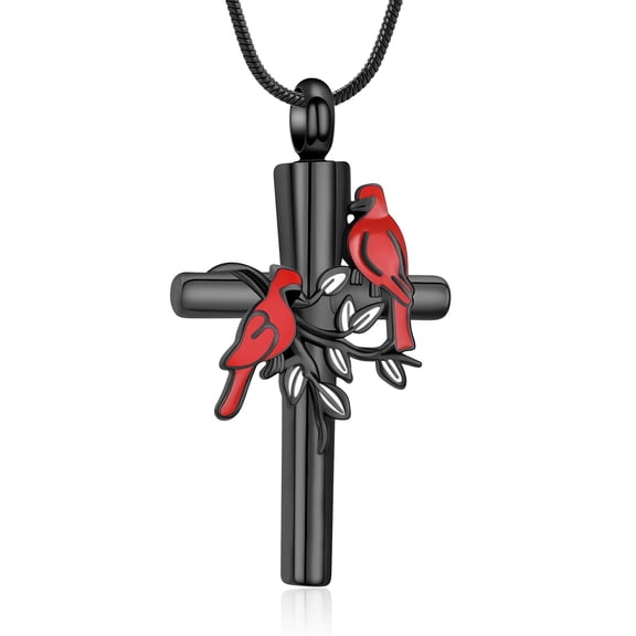 Red Cardinal Urn Necklace for Ashes Keepsake Memorial Cross Urn Locket for Human / Pet Cremation Jewelry