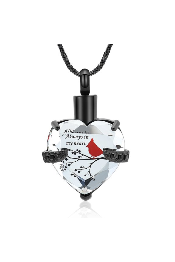 Red Cardinal Urn Necklace for Ashes Keepsake Memorial Crystal Heart Urn Locket for Human/Pet Cremation Jewelry