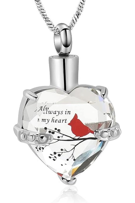 Red Cardinal Urn Necklace for Ashes Women Men Crystal Heart Urn Locket for Human / Pet Cremation Jewelry for Ashes