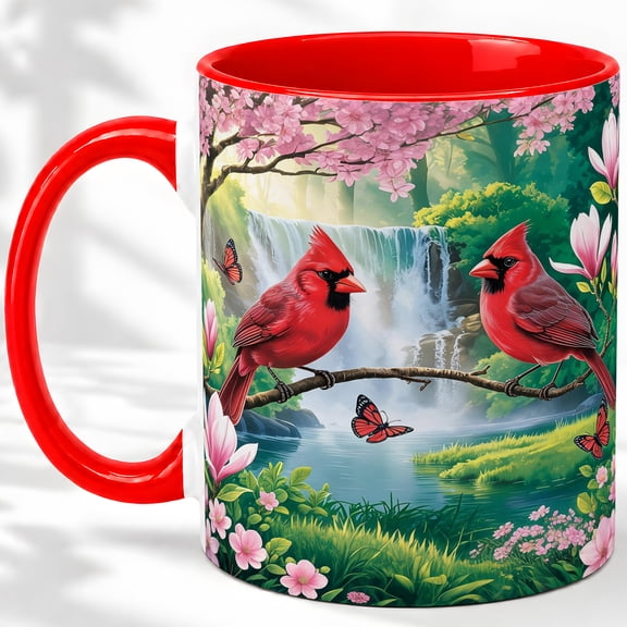 Red Cardinal Waterfall Coffee Mug, Cardinal Pair Mug, Morning Tea Cup for Home, Birds on Branch with Cherry Blossoms and Butterflies, Floral Bird Art, Kitchen Accent, Nature Lover