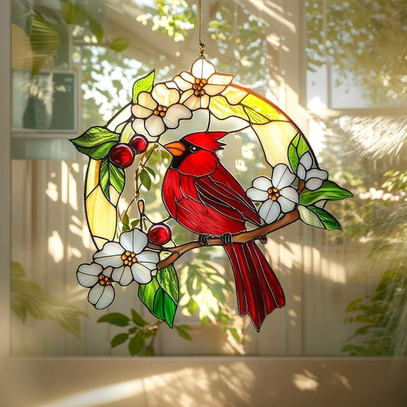 Red Cardinal Wavy Acrylic Suncatcher Window Hanging, Wavy Acrylic Look Tree Branch Decor, Sympathy Or Nature Gift For Mom Or Bird Lovers