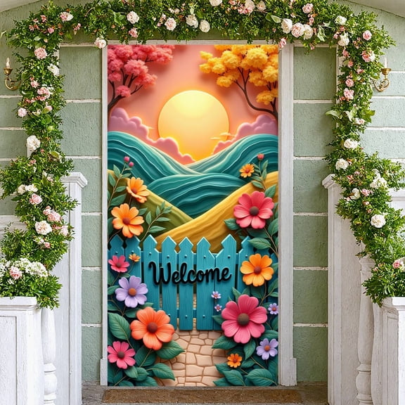 Red Cardinal Welcome Banner Pink Blossom Floral Backdrop Spring Themed Natural Bird Display for Home Decoration Garden Party Spring Event