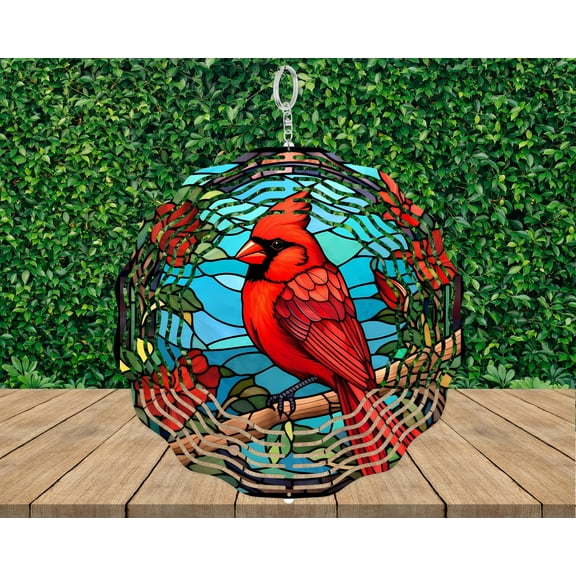 Red Cardinal Wind Spinner Faux Stained Glass Roses Garden Decor