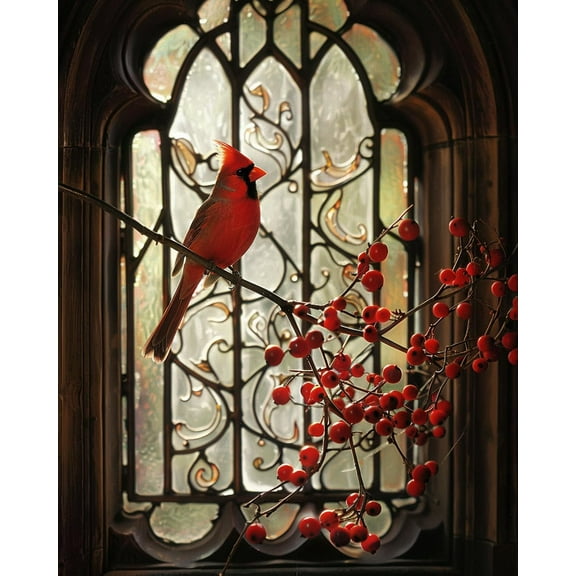 Red Cardinal on Window Berries DIY 11CT Stamped Cross Stitch Kits for Beginners Easy Needlepoint Embroidery Counted Cross Stitch Art Craft for Wall Decoration 12x16inch(1)