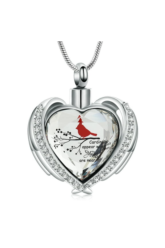 Red Cardinal /Wings Heart Shape Urn Necklace for Ashes Keepsake Memorial Crystal Heart Urn Locket for Human/Pet Cremation Jewelry