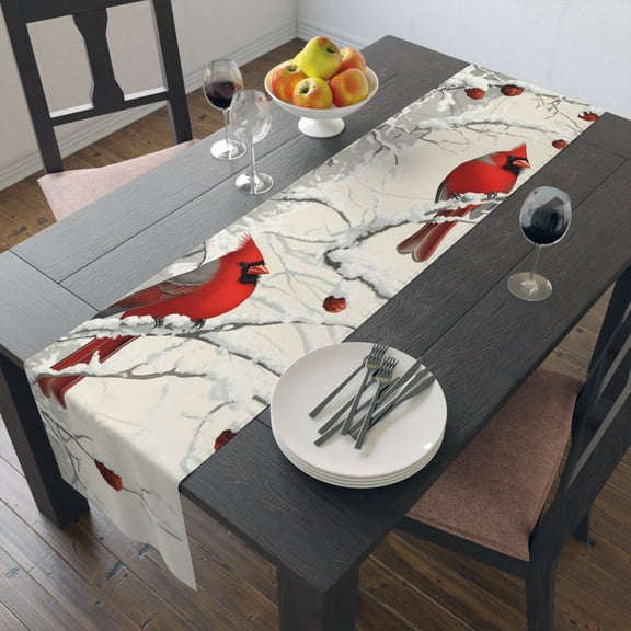 Red Cardinal Winter Printed Linen Table Runner 70x13 Inch, Cardinal Bird on Snowy Branch Winter Decor, Single Sided Lightweight Linen