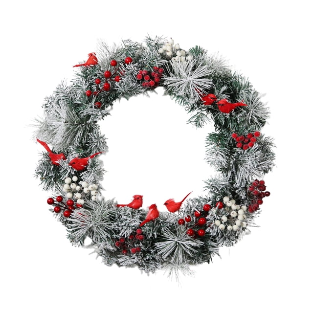 Red Cardinal Wreath 22in Winter Wreaths Artificial Flocked Pine Needles ...