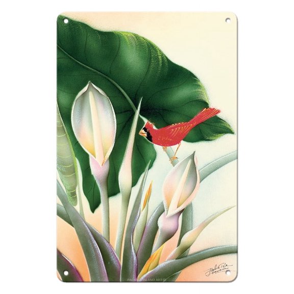 Red Cardinal and White Calla Lily Flowers - Vintage Hawaiian Airbrush Art by Frank Oda (Hale Pua Studio) c.1940s - 8 x 12 inch Vintage Metal Tin Sign