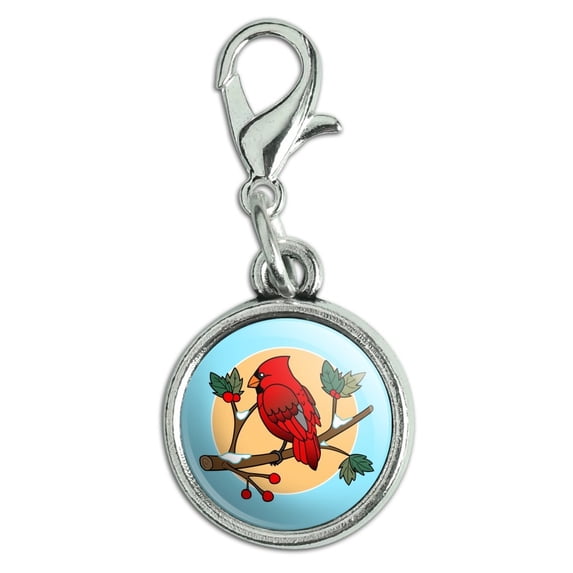 Red Cardinal on Snowy Holly Branch Antiqued Bracelet Pendant Zipper Pull Charm with Lobster Clasp