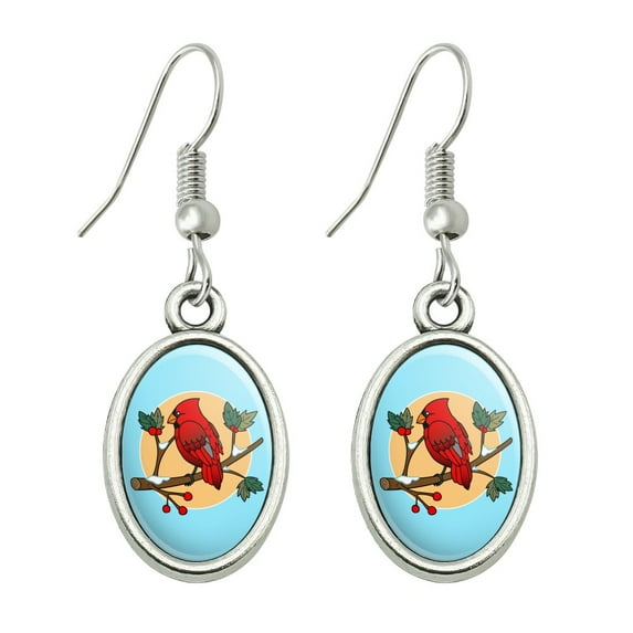 Red Cardinal on Snowy Holly Branch Novelty Dangling Drop Oval Charm Earrings