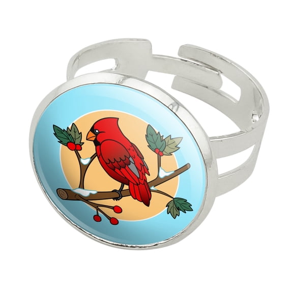 Red Cardinal on Snowy Holly Branch Silver Plated Adjustable Novelty Ring