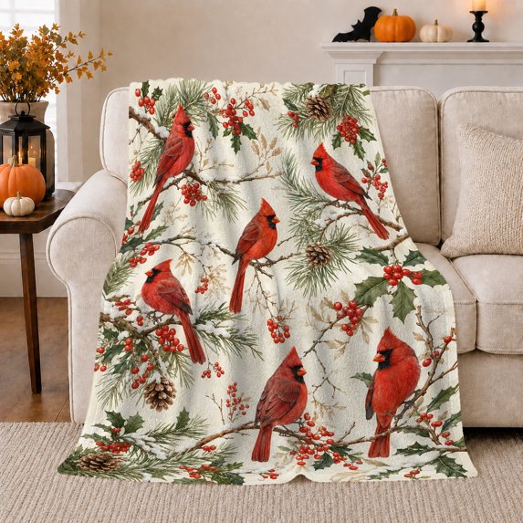 Red Cardinals Across Evergreen And Holly Branches, Soft Flannel Blanket with Naturalistic Winter Botanical Print, Housewarming Gift and Home Decor for Bedroom and Living Room
