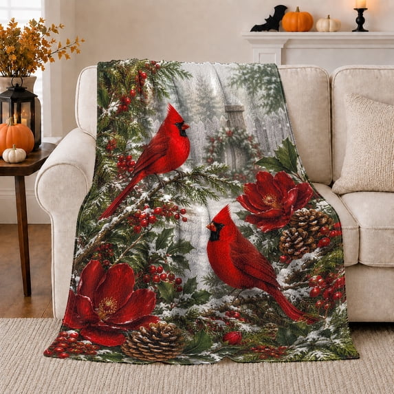 Red Cardinals Among Winter Blossoms for Birdwatchers And Gardeners, Detailed Naturalistic Winter Illustration Home Decor for Living Room and Bedroom, Christmas Gift and Cozy Flannel Blanket