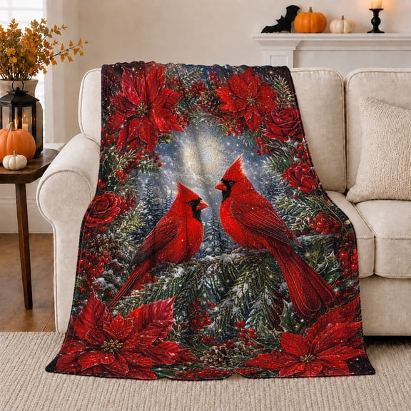 Red Cardinals Among Winter Branches Print Soft Flannel Blanket, Illustrated Art Style for Art Enthusiasts, Housewarming Gift for Bedroom and Living Room, Home Decor