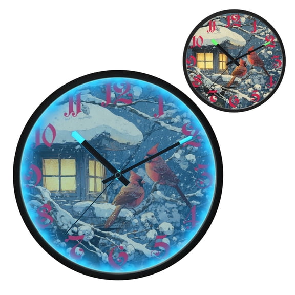 Red Cardinals Luminous Wall Clock with Sound-Activated LED 12-Inch Silent Acrylic Timepiece for Bedroom Livingroom or Office