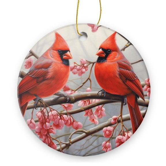 Red Cardinals Perched on Cherry Blossom Tree - Christmas Ornament Xmas Keepsake Ceramic Ornaments Holiday Decorations for Tree Christmas Gift Ideas 2.95in