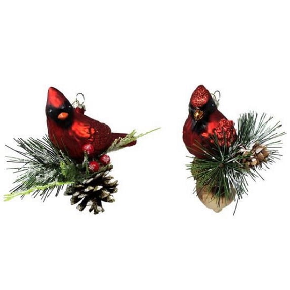 Red Cardinal Perched on Branches Christmas Holiday Ornaments Set of 2 Glass