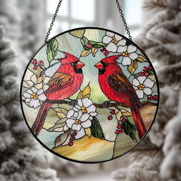 Red Cardinals Stained Glass Suncatcher, Winter Bird Window Decor