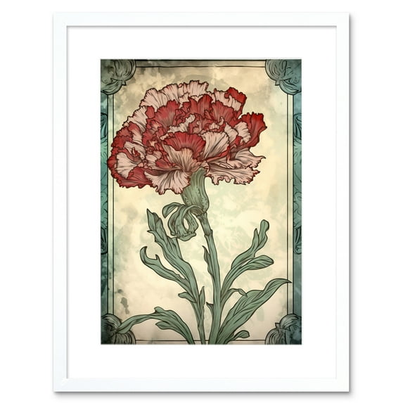 Red Carnation Flower Bloom Watercolour Art Nouveau Artwork Framed Wall Art Print 9X7 Inch