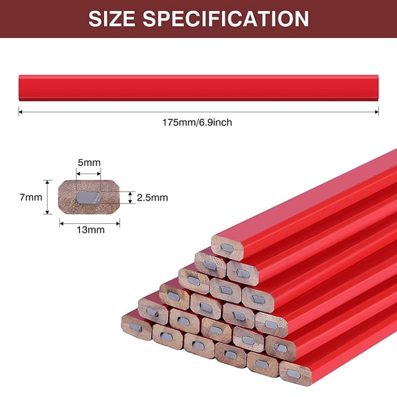 Red Carpenter Pencil – Flat Round Wood Pencil for Woodwork Construction, 7 Inch Black Lead, Anti-Roll Design, Rough Surface Marking, 1pc