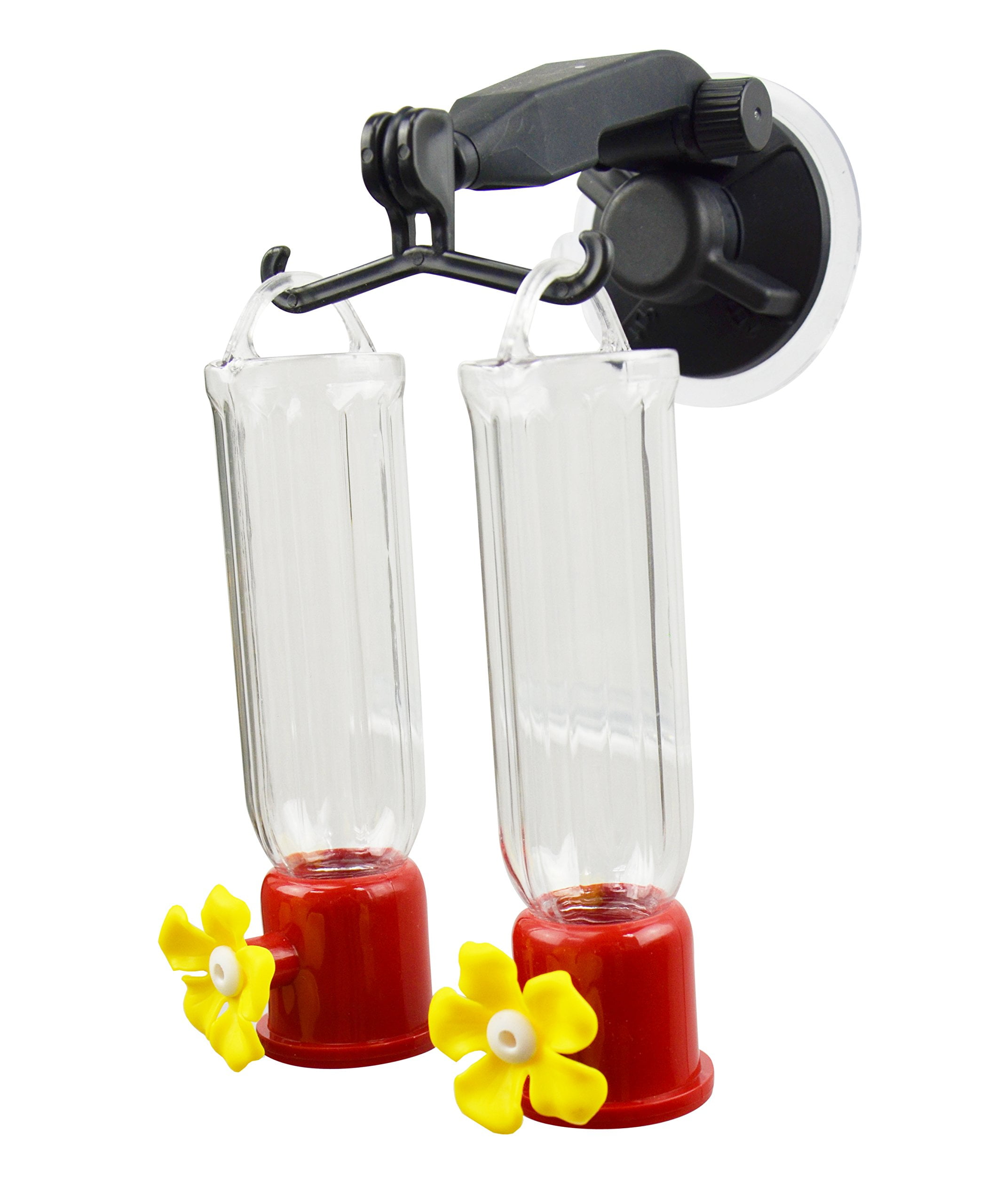 Clear Glass and Red Plastic Double Window Mounted Hummingbird Feeder