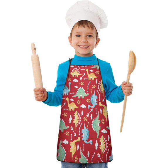 Red Cartoon Dinosaurs Arrows Pattern Kids Aprons for Girls and Boys,Adjustable Neck Strap Toddler Aprons for Kids Cooking Baking