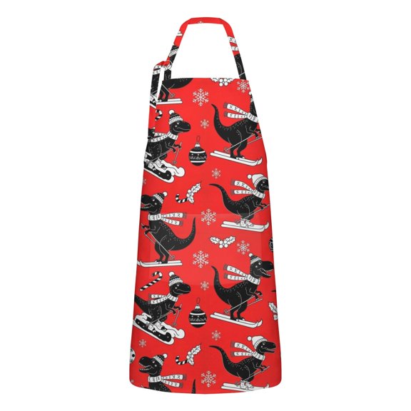 Red Cartoon Dinosaurs Skiing Pattern Apron-Garden Aprons for Women with Pockets-Cotton Linen Waterproof Kitchen Cooking Gardening Aprons Adjustable for Kitchen,Cooking,BBQ and Salon 33x27 Inch