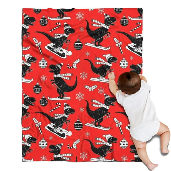 Red Cartoon Dinosaurs Skiing Pattern Blanket,Comfortable Soft Flannel Throw Blanket,All Season,Warm Lightweight Blankets for Sofa Bed Couch Living Room Chair,30"x40"