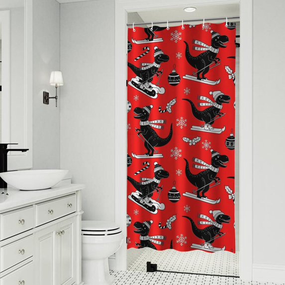 Red Cartoon Dinosaurs Skiing Pattern Shower Curtain 36"x72" ,Bathroom Decorative Shower Curtains Set with 12 Hooks,Modern Waterproof Washable Shower Curtain